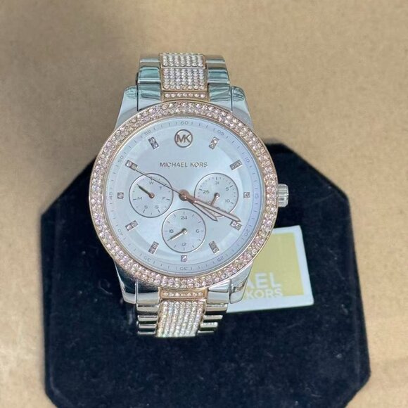 Michael Kors MK6827 Tibby White Chronograph Glitz Dial Two Tone Rose Gold/Silver - Picture 1 of 8